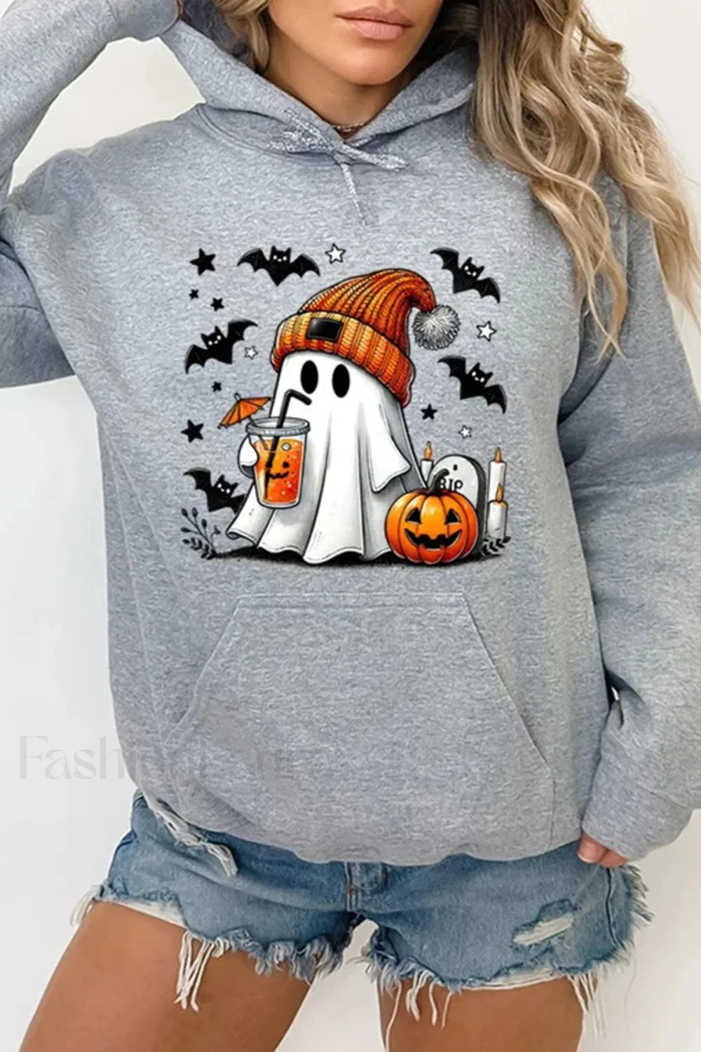 K Fashion Cartoon Doodle Hooded Hoodie Grey / S