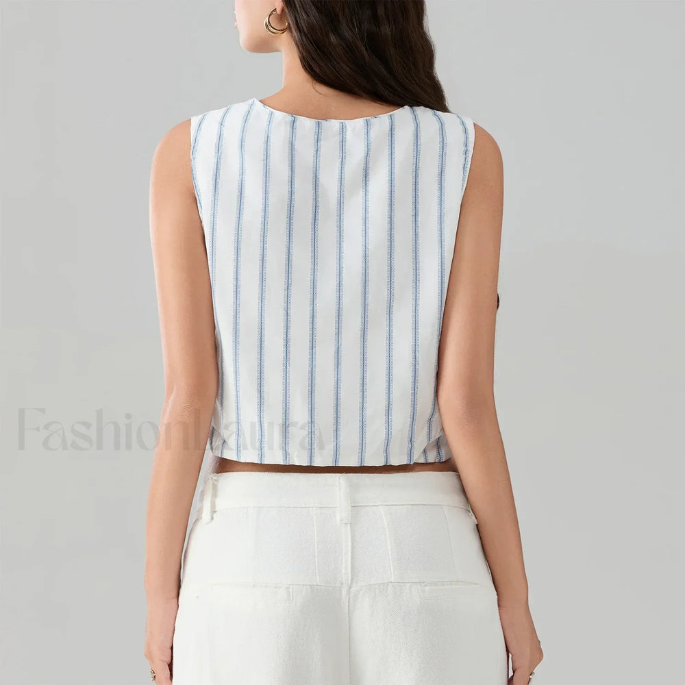 Kawaii Tie Knot Front Striped V Neck Sleeveless Bandage Crop Top