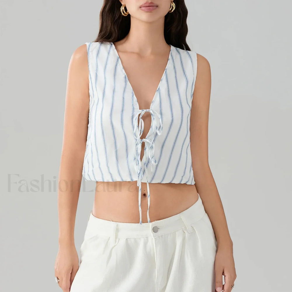 Kawaii Tie Knot Front Striped V Neck Sleeveless Bandage Crop Top