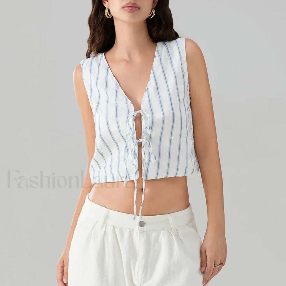 Kawaii Tie Knot Front Striped V Neck Sleeveless Bandage Crop Top