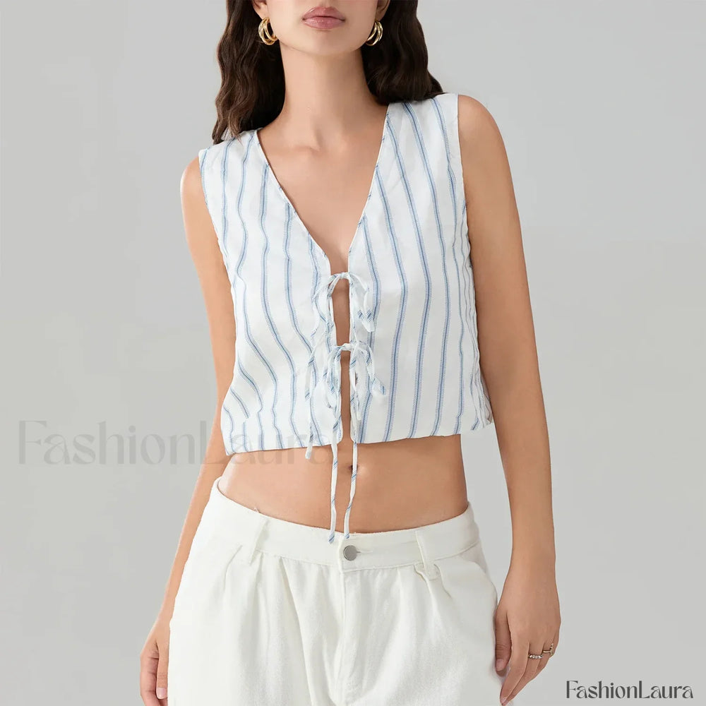 Kawaii Tie Knot Front Striped V Neck Sleeveless Bandage Crop Top