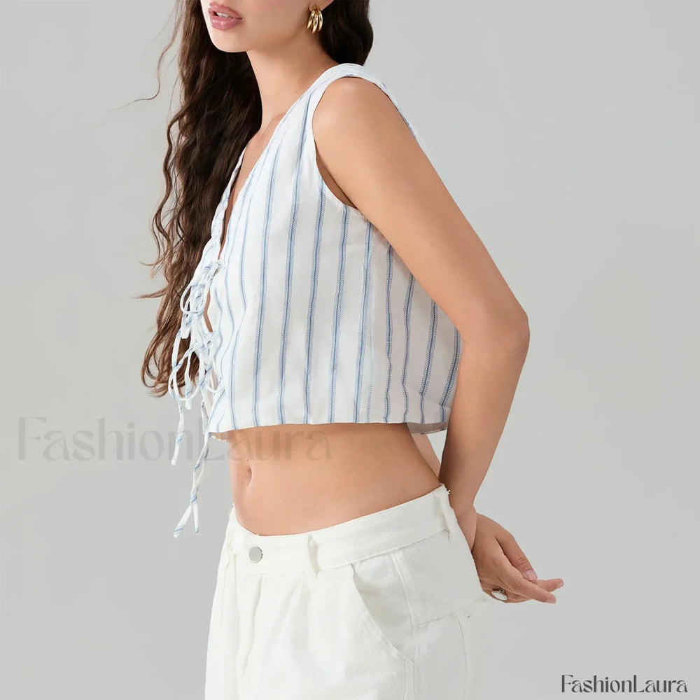 Kawaii Tie Knot Front Striped V Neck Sleeveless Bandage Crop Top