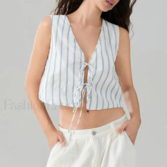 Kawaii Tie Knot Front Striped V Neck Sleeveless Bandage Crop Top white / S
