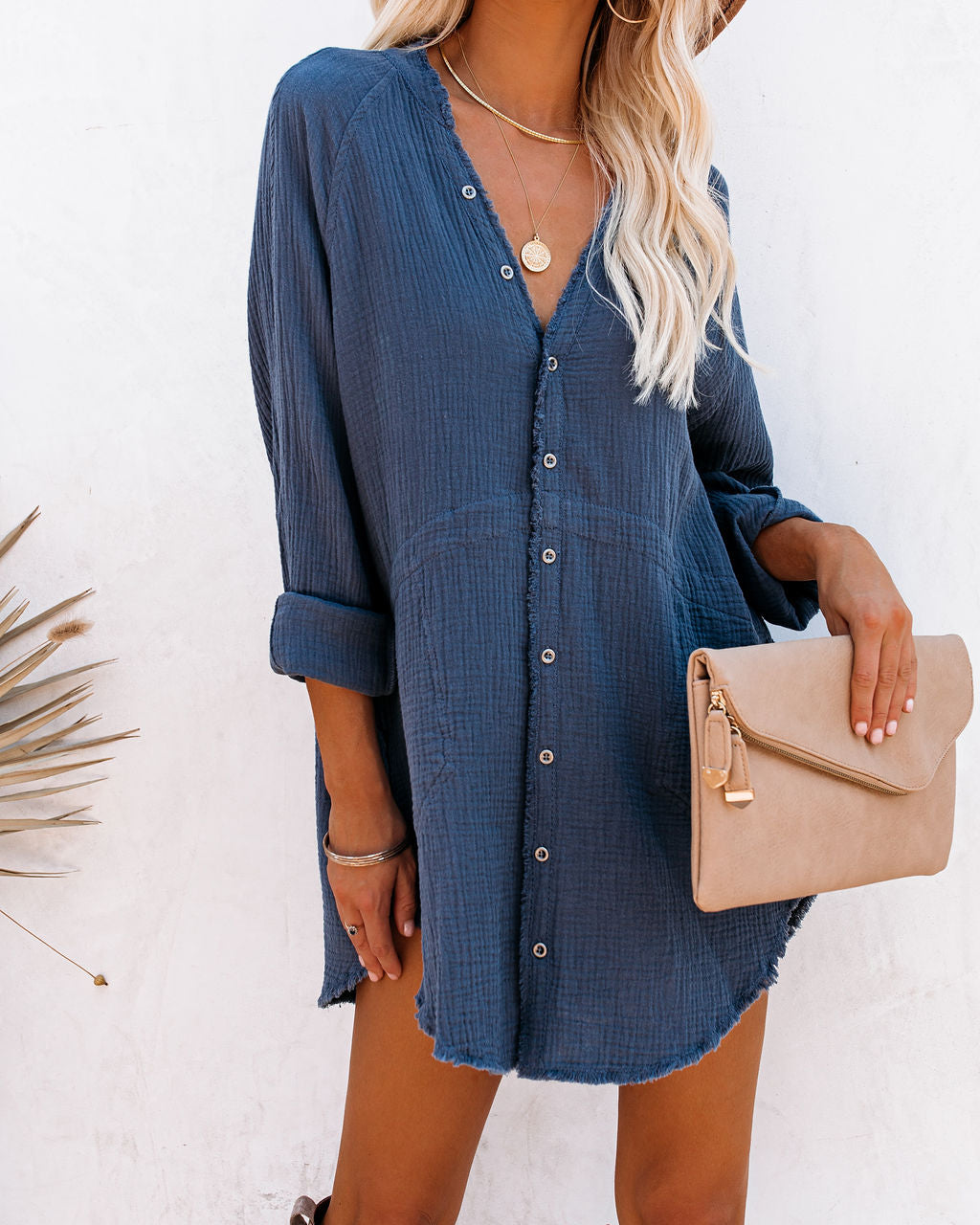 Kennedy Cotton Pocketed Button Down Tunic - Denim
