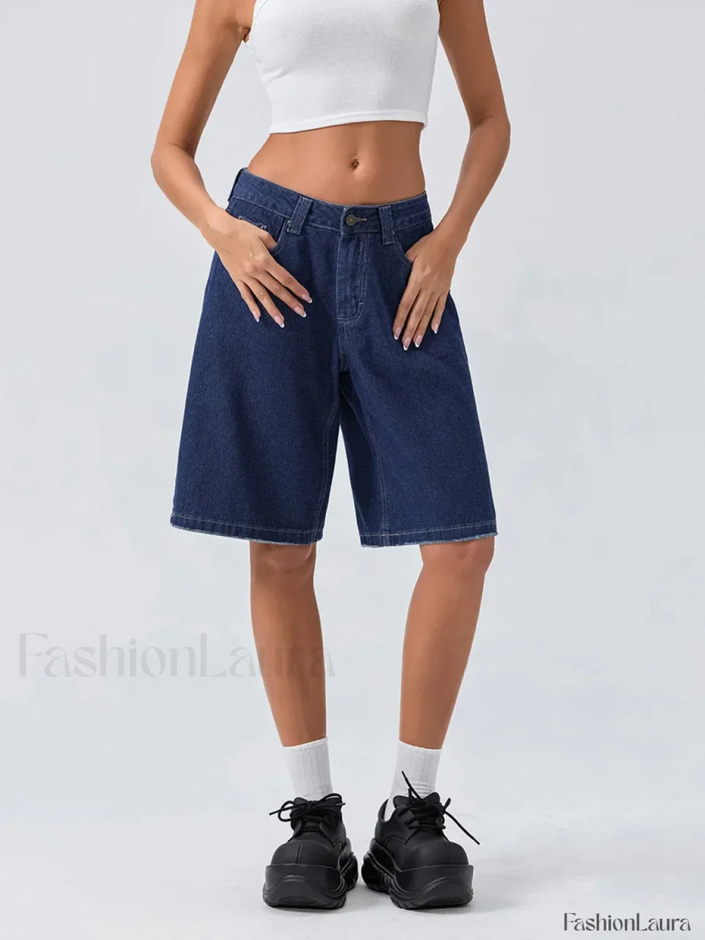 Knee Length Denim Low Rise Wide Leg Casual Streetwear Short