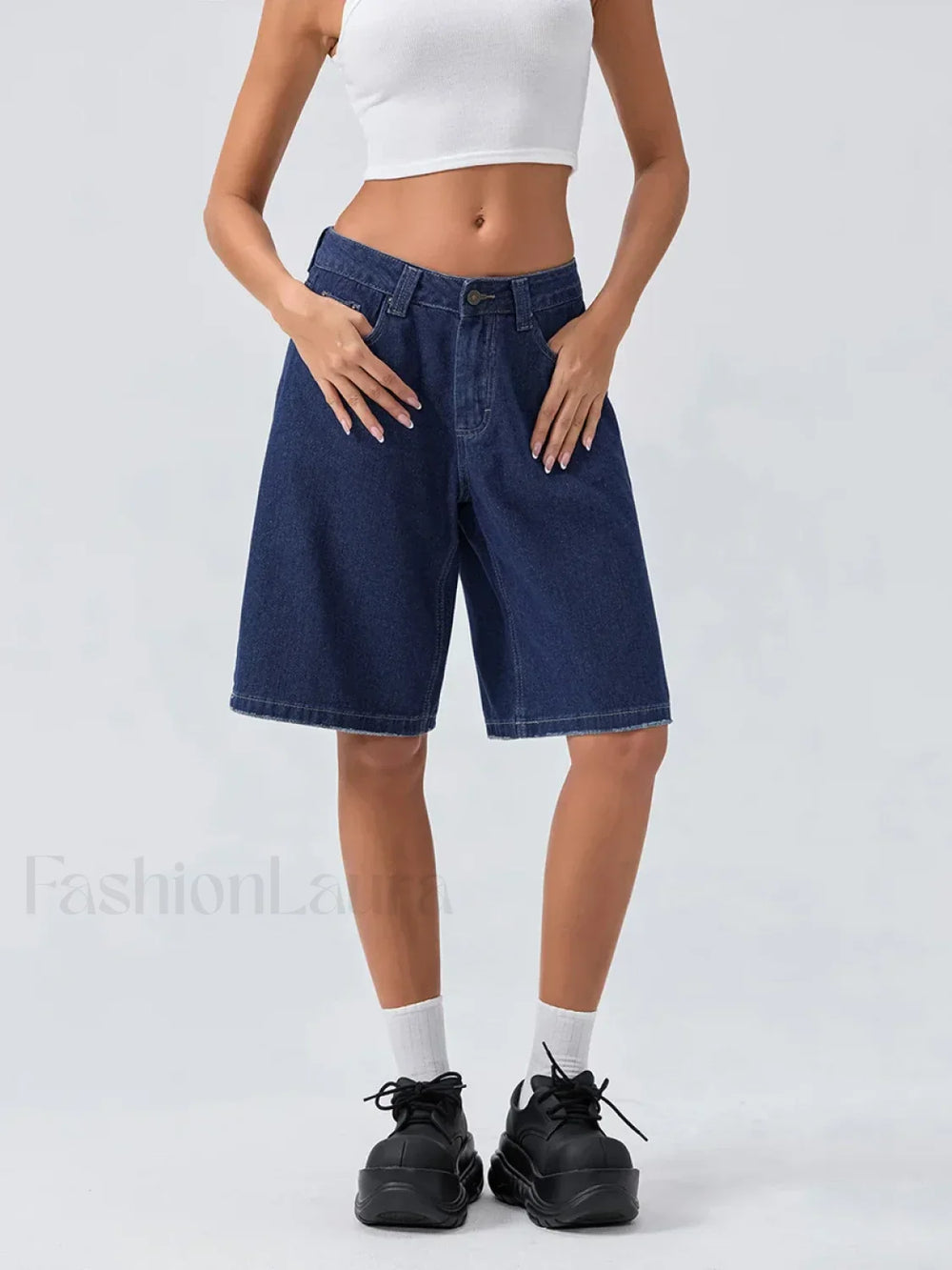 Knee Length Denim Low Rise Wide Leg Casual Streetwear Short