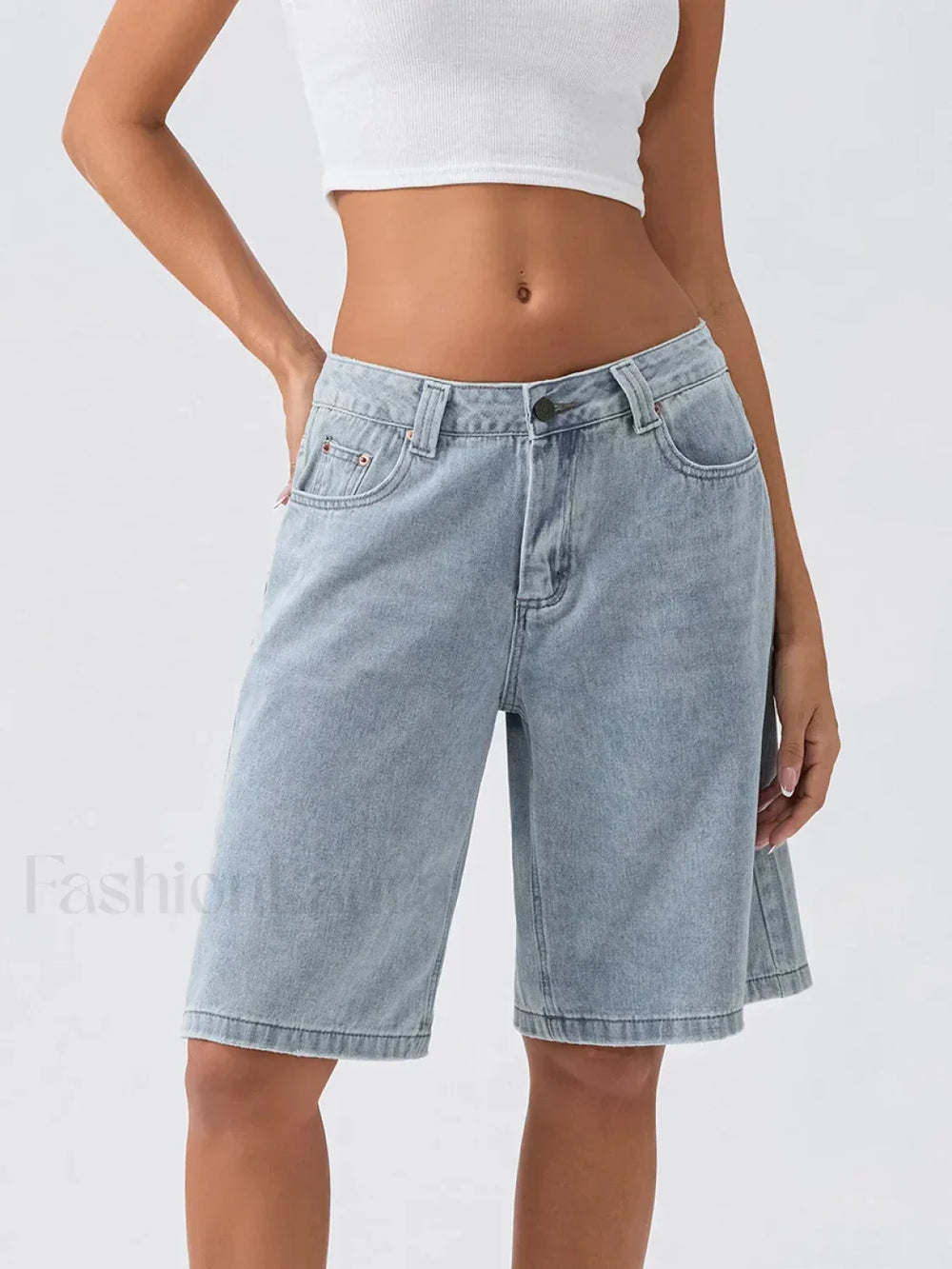 Knee Length Denim Low Rise Wide Leg Casual Streetwear Short Light Blue / S