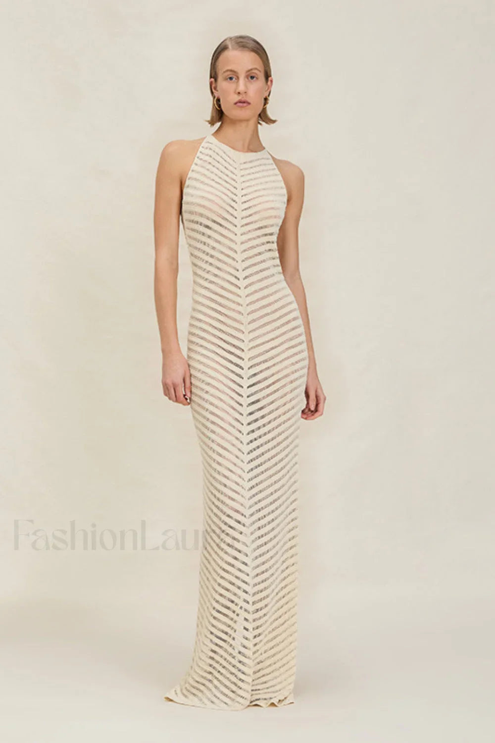 Knit Cutout Halter Bodycon Maxi Dress White / S