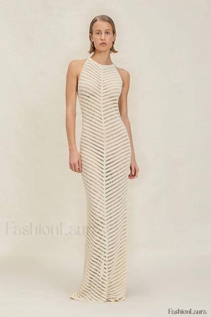 Knit Cutout Halter Bodycon Maxi Dress White / S