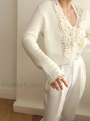 Knit Floral Crocheted Trendy Hollow V neck Cardigan Sweaters L