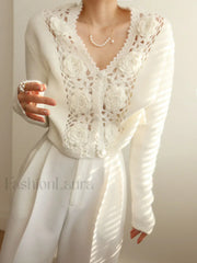 Knit Floral Crocheted Trendy Hollow V neck Cardigan White / S Sweaters L