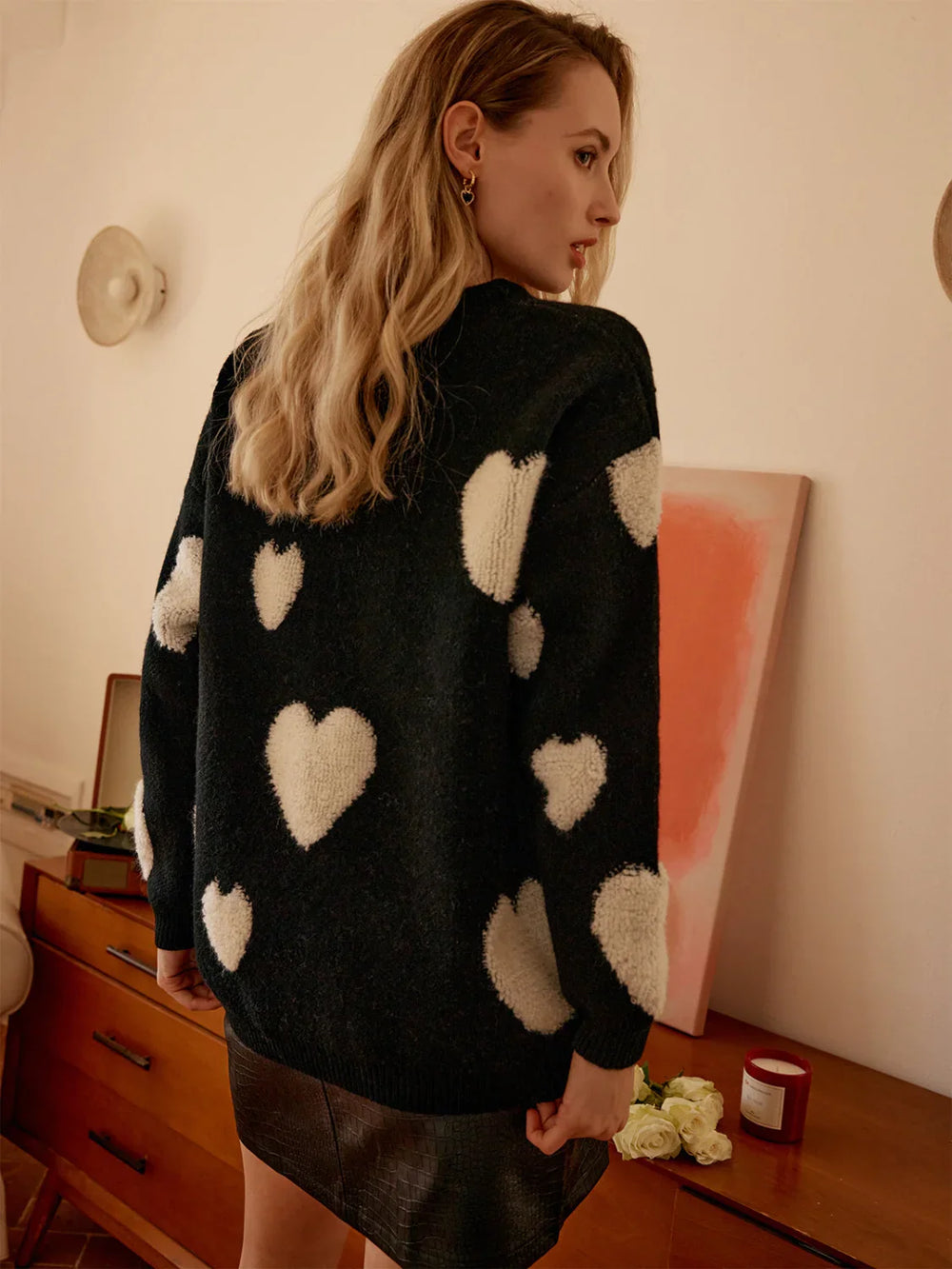 Knit Heart Pattern Trendy Crew Neck Sweater Sweaters L