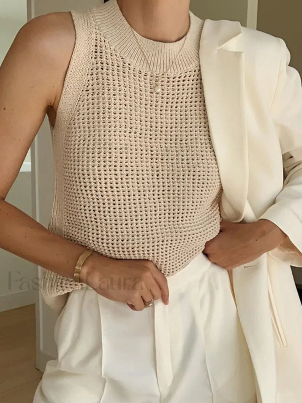 Knit Hollow Graceful Solid Vest Apricot / XS Tank Tops & Camis