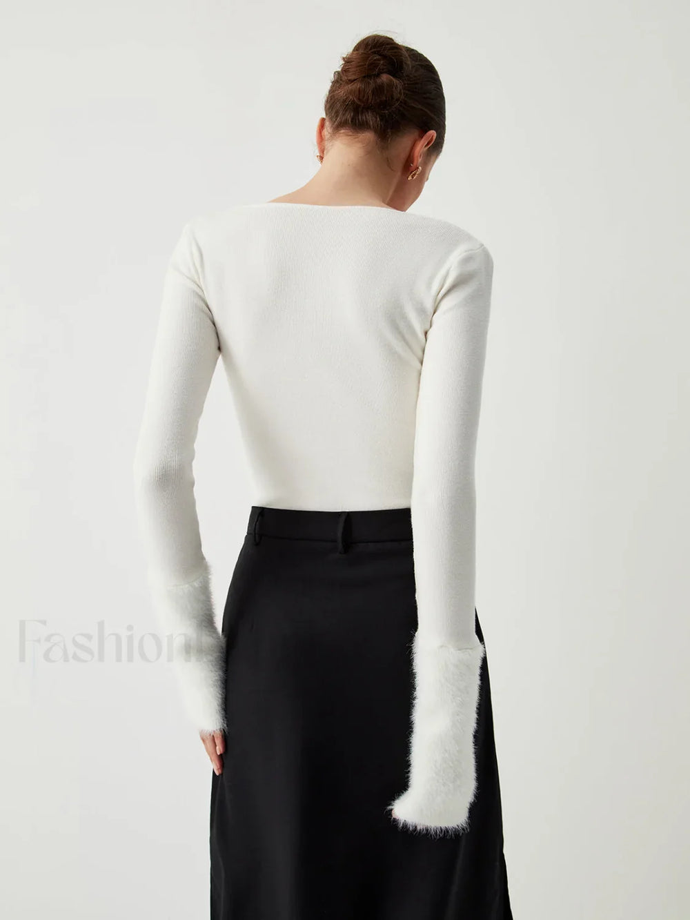 Knit Patchwork Fuzzy Cuff Modern Square Neck Long Sleeve Top Sweaters L