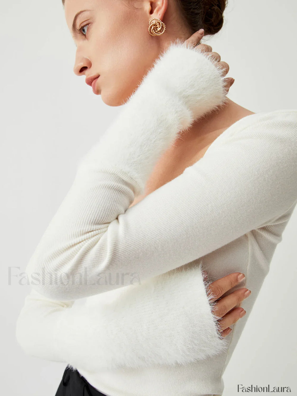 Knit Patchwork Fuzzy Cuff Modern Square Neck Long Sleeve Top Sweaters L
