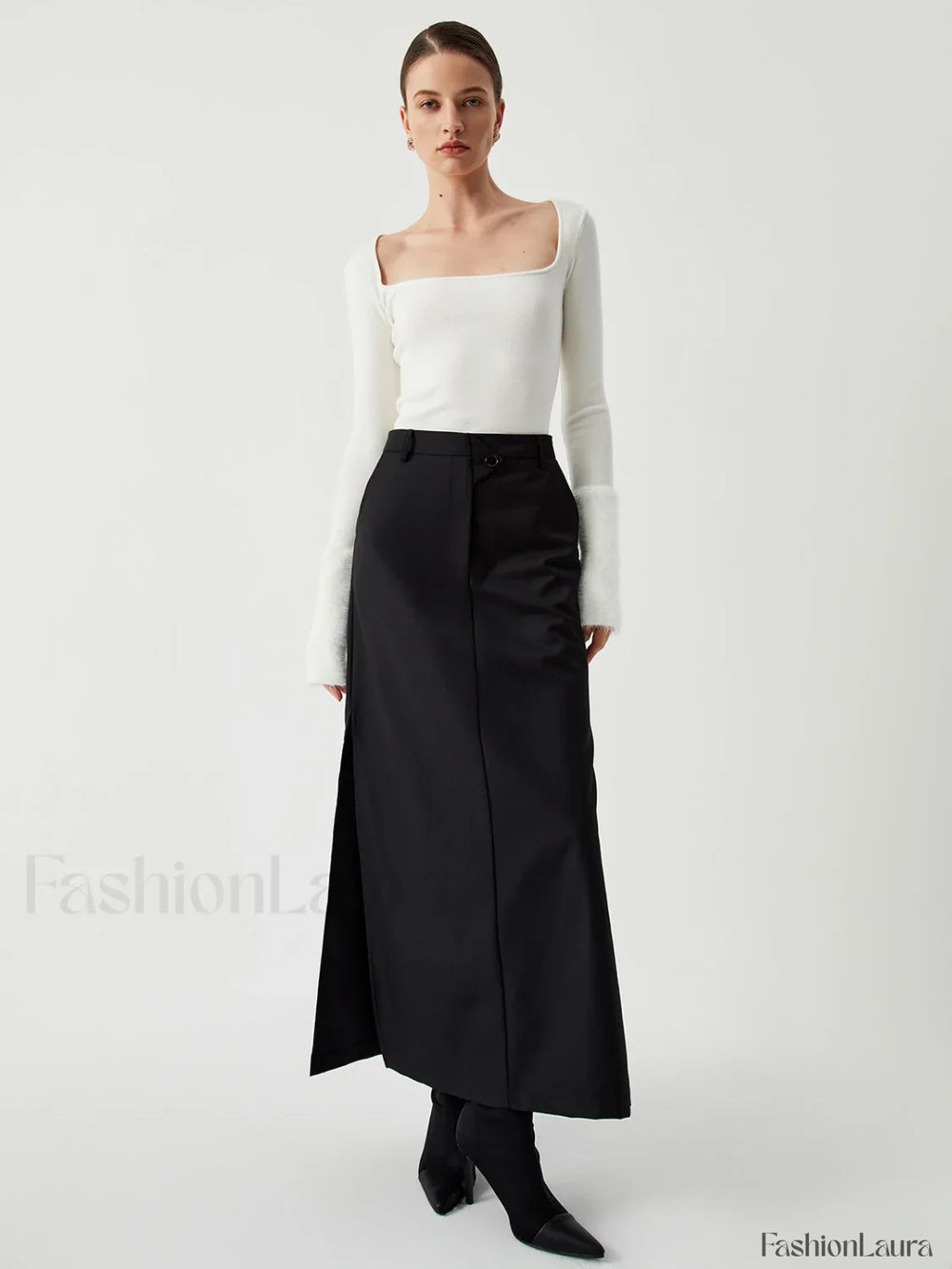 Knit Patchwork Fuzzy Cuff Modern Square Neck Long Sleeve Top Sweaters L