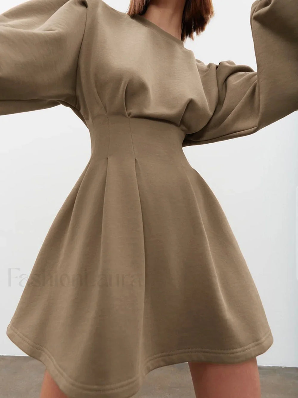 Knit Pleated Long Sleeve Modern Crew Neck Mini Dress Knit Dresses