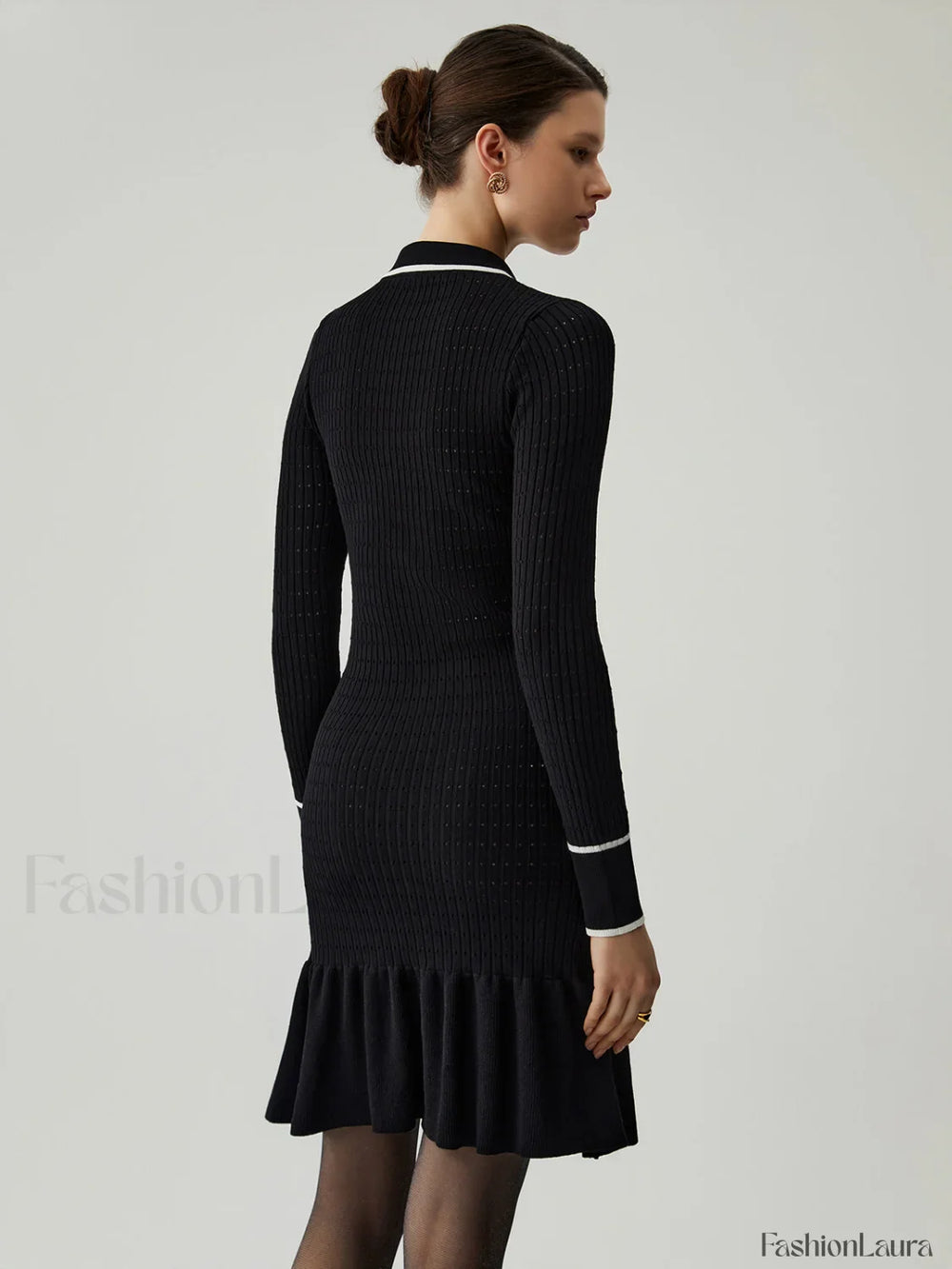 Knit Ruffled Hem Long Modern Sleeve Collar Mini Sweater Dress Sweaters L