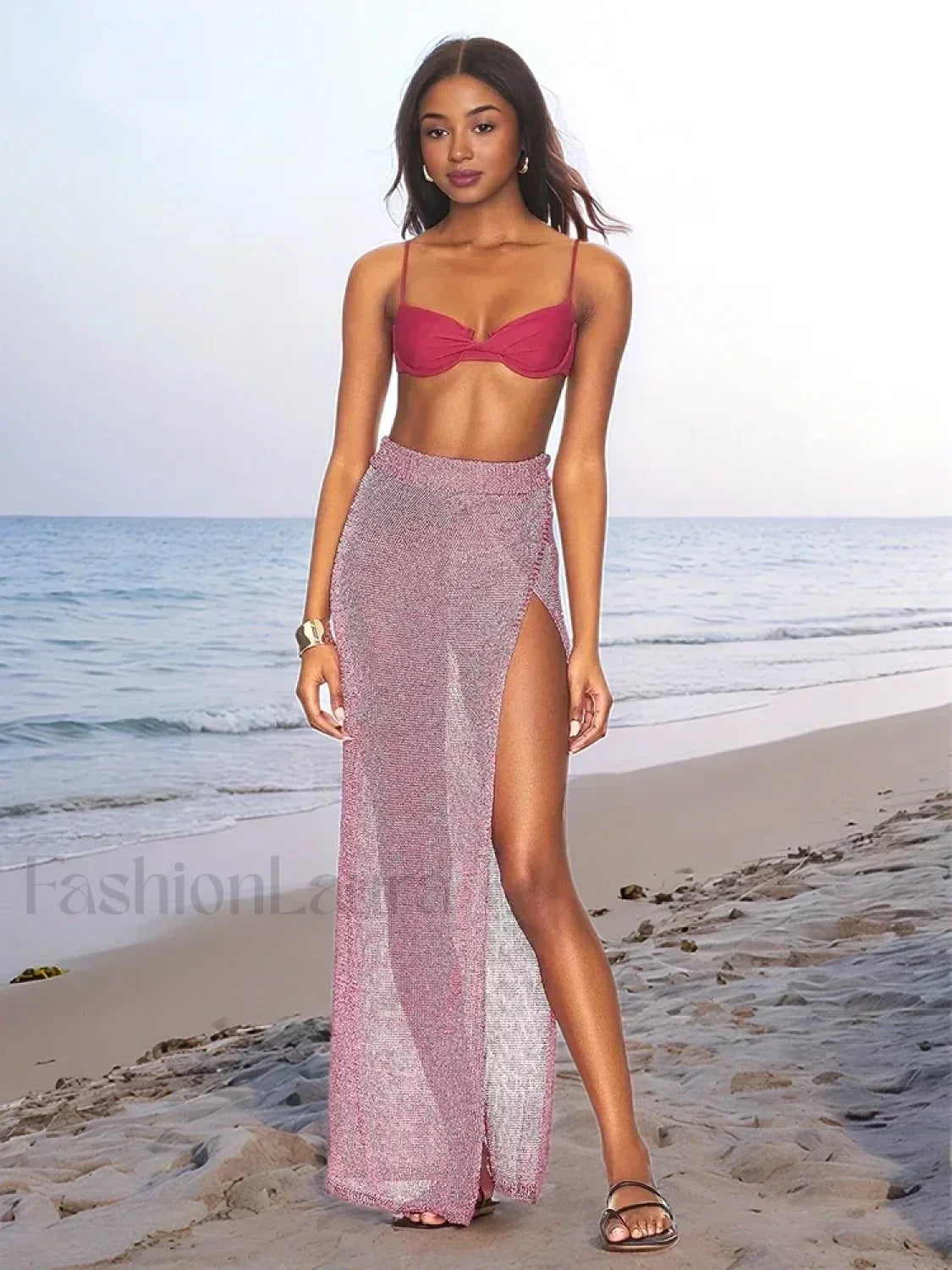 Knit See through Slit Skirt Cover Up Pink / S