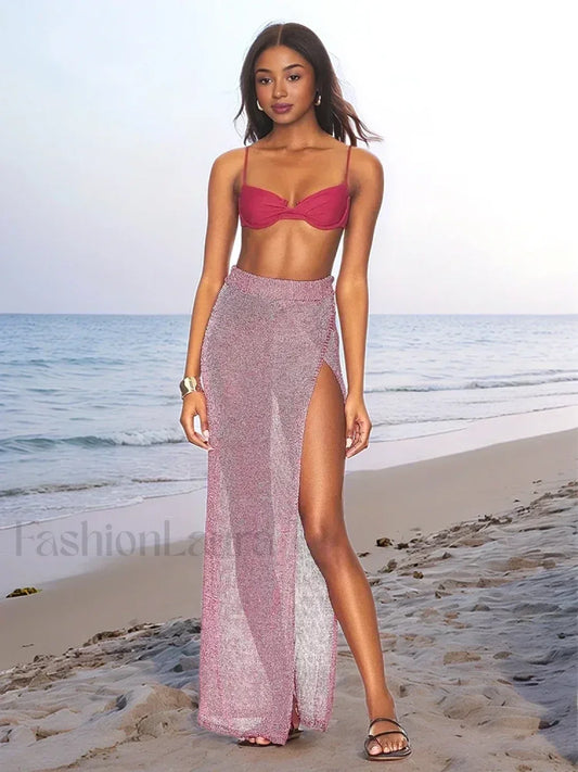 Knit See through Slit Skirt Cover Up Pink / S