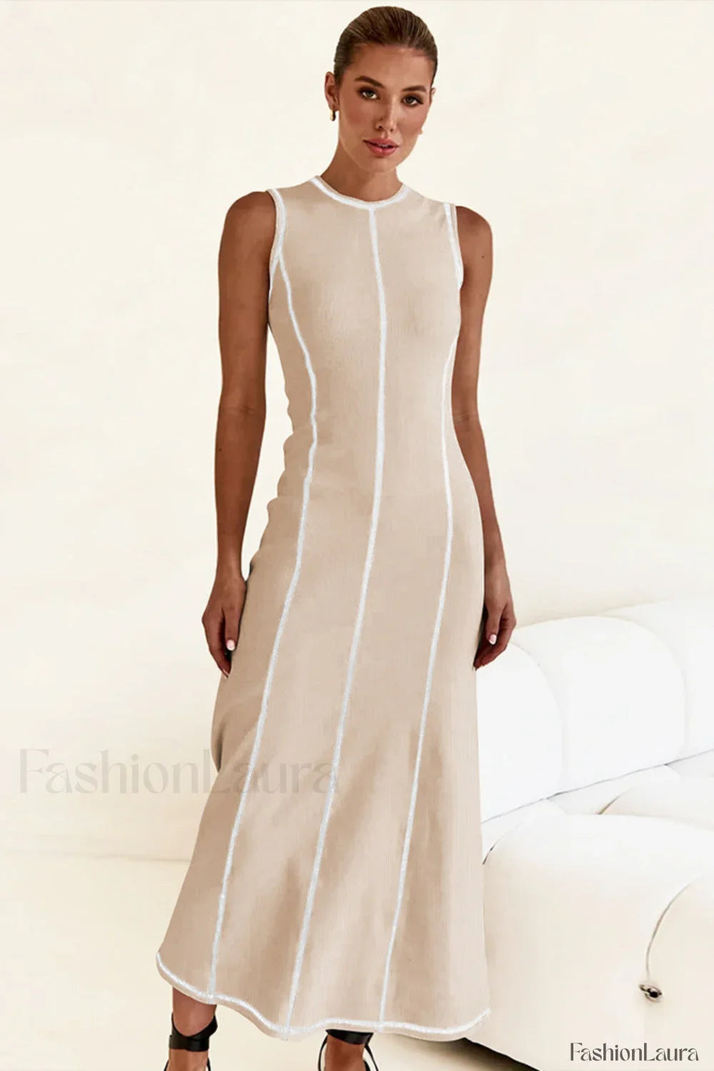 Knit Sleeveless A Line Retro Work Dress Apricot / S