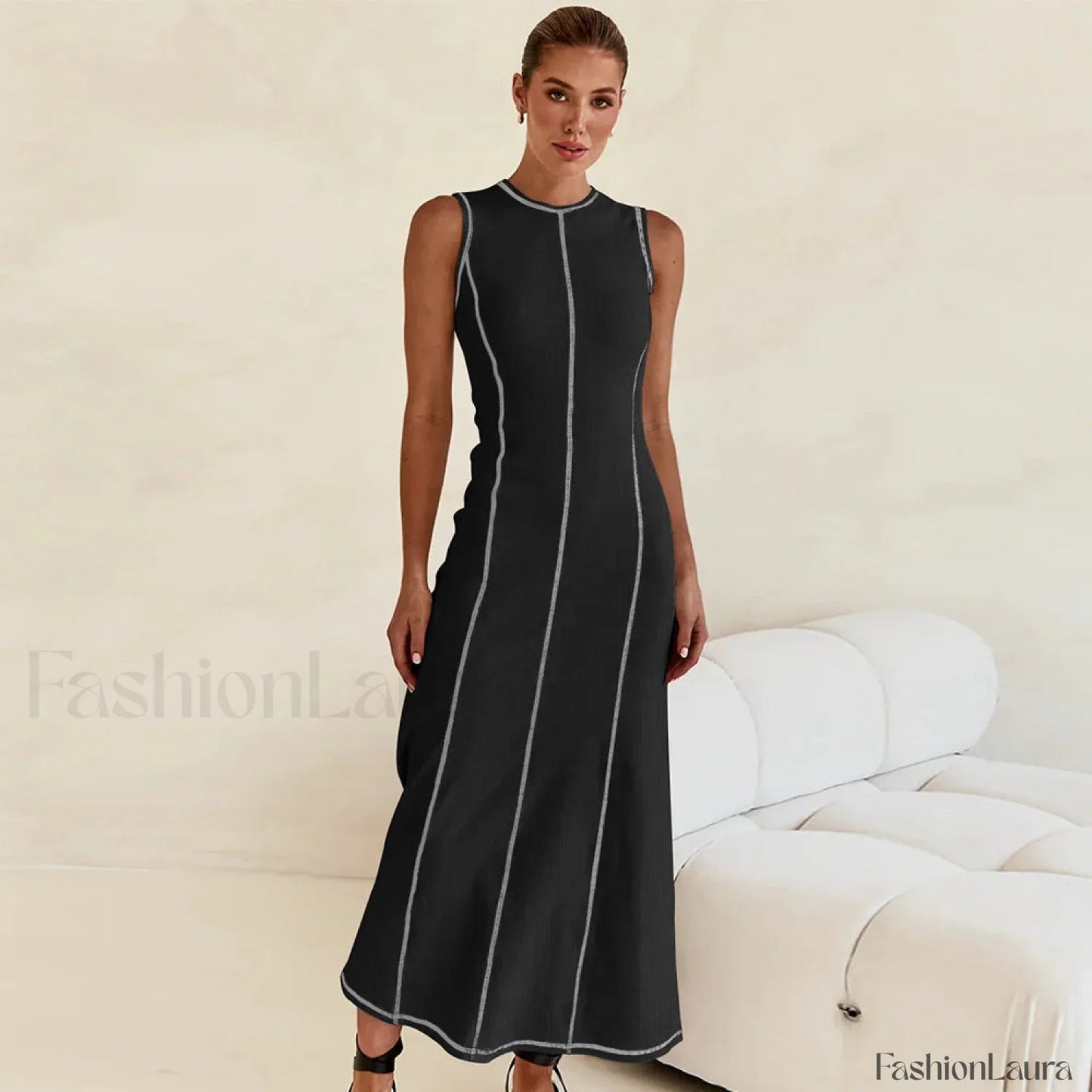 Knit Sleeveless A Line Retro Work Dress Black / S
