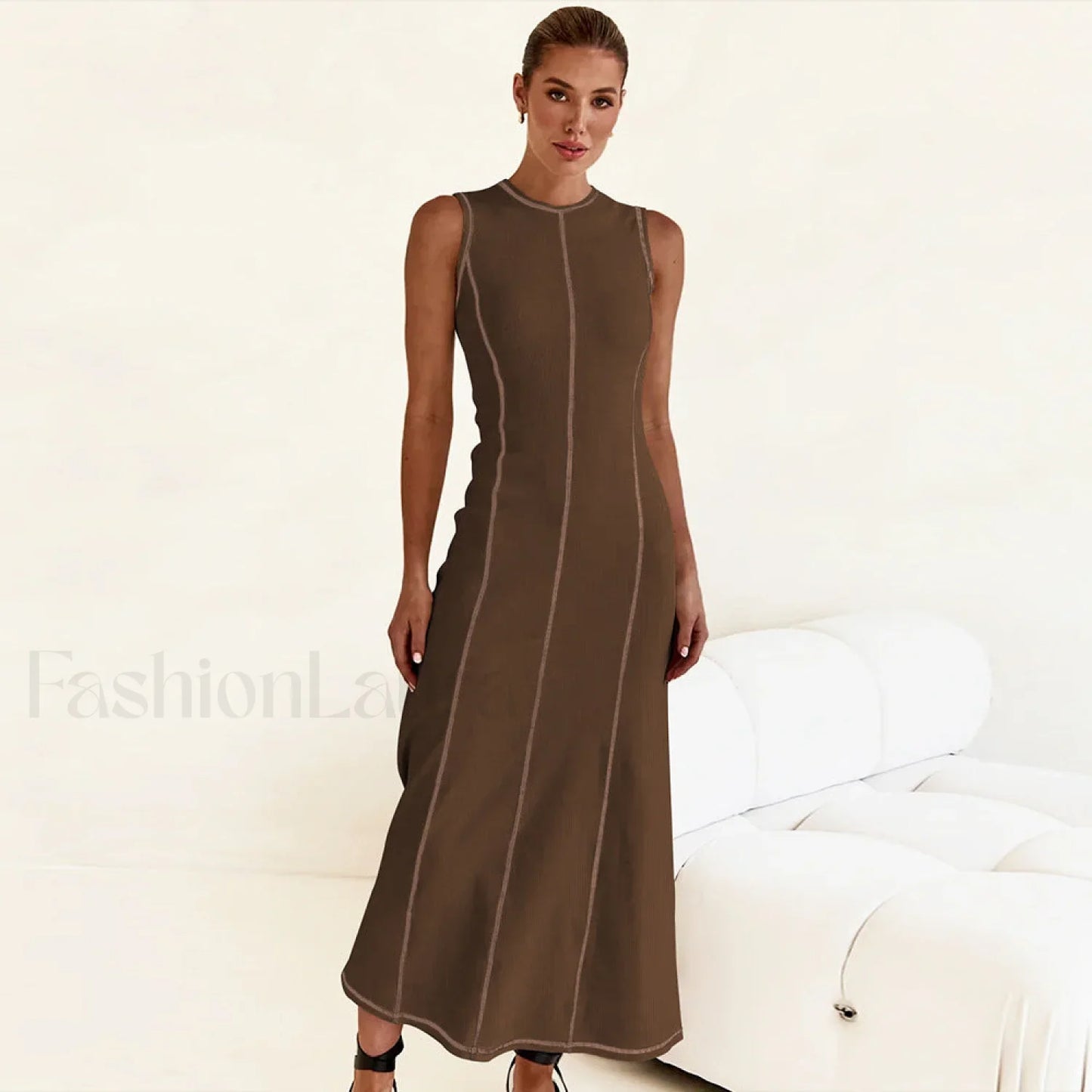 Knit Sleeveless A Line Retro Work Dress Coffee / S