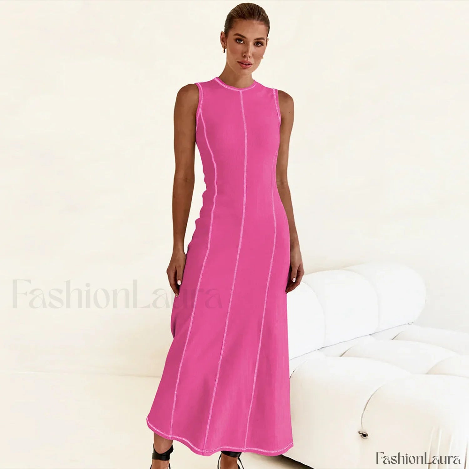 Knit Sleeveless A Line Retro Work Dress Rose Red / S