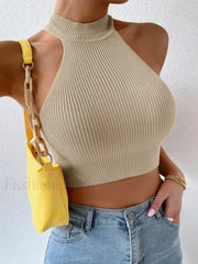 Knit Sleeveless Ribbed Halter Crop Top Khaki / One Size