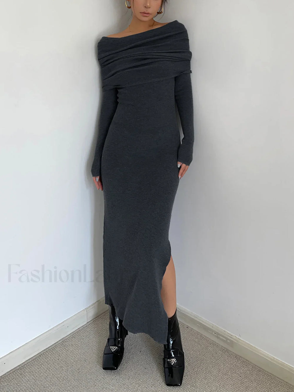 Knit Split Overfold Trendy Sweater Midi Dress Grey / S Sweaters L