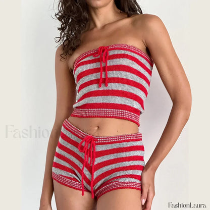 Knit Striped Sleeveless Crop Tube Tops Drawstring Shorts Two Piece Set