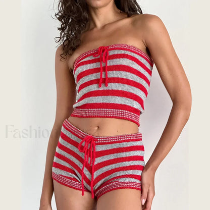 Knit Striped Sleeveless Crop Tube Tops Drawstring Shorts Two Piece Set
