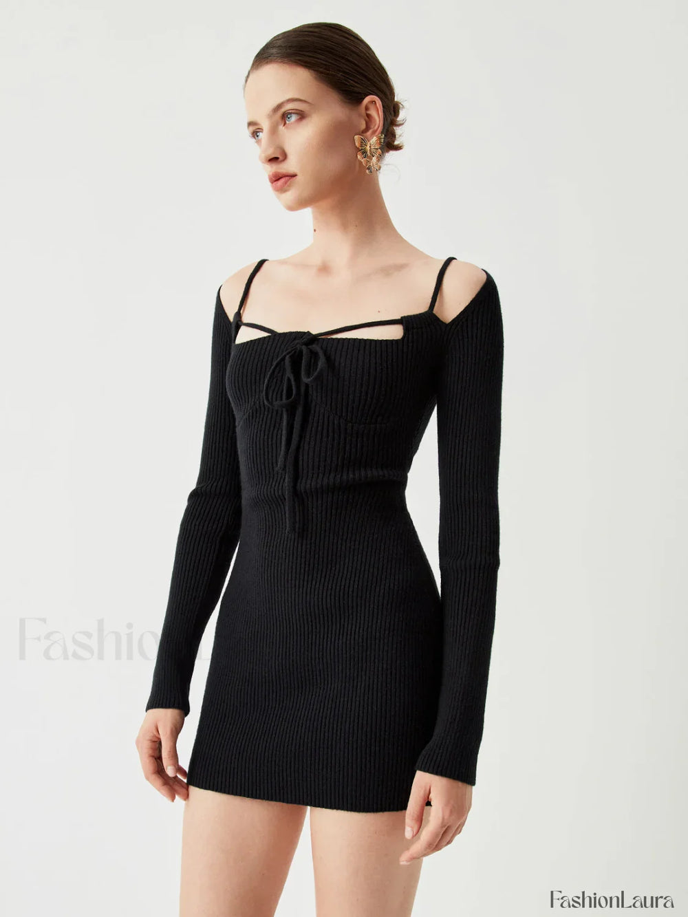 Knit Tied Cutout Long Modern Sleeve Short Sweater Dress Black / XS Sweaters L