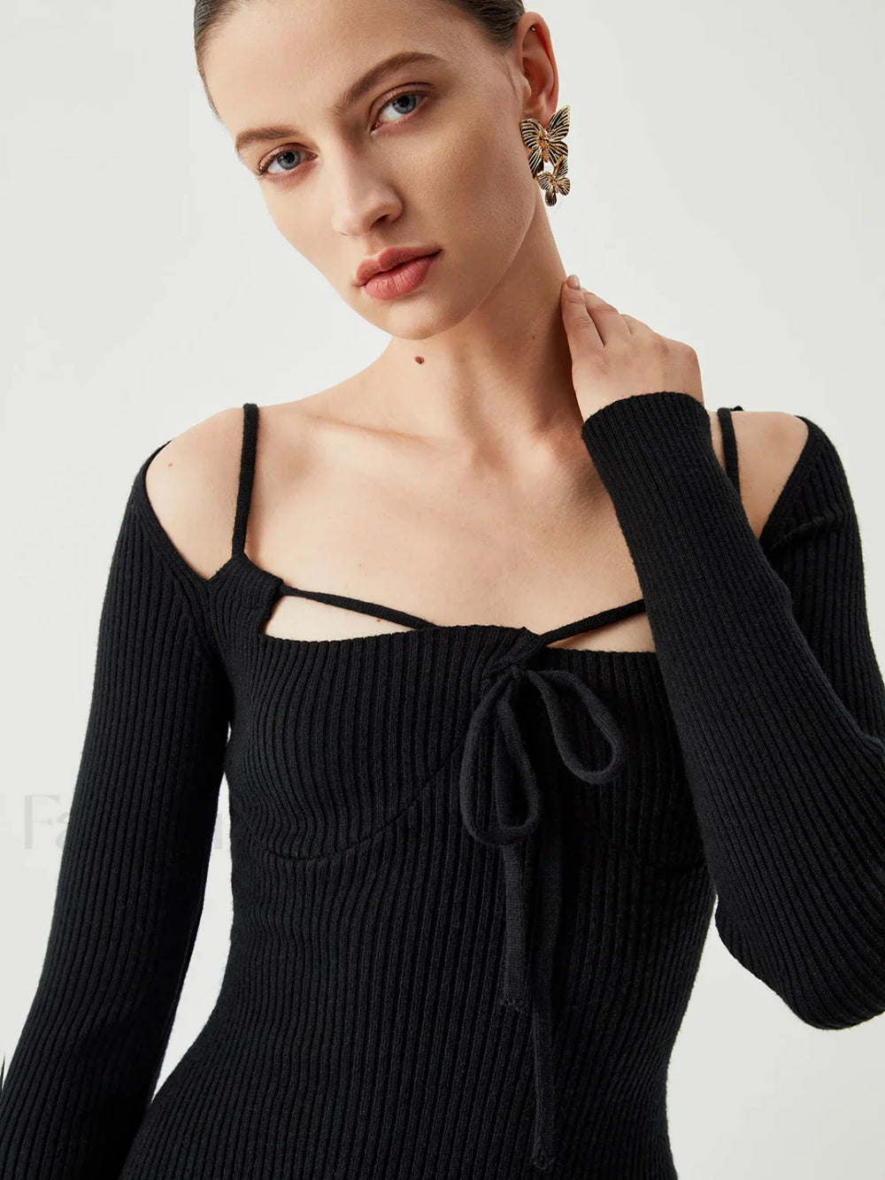 Knit Tied Cutout Long Modern Sleeve Short Sweater Dress Sweaters L