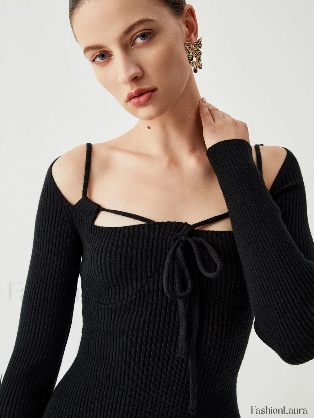 Knit Tied Cutout Long Modern Sleeve Short Sweater Dress Sweaters L