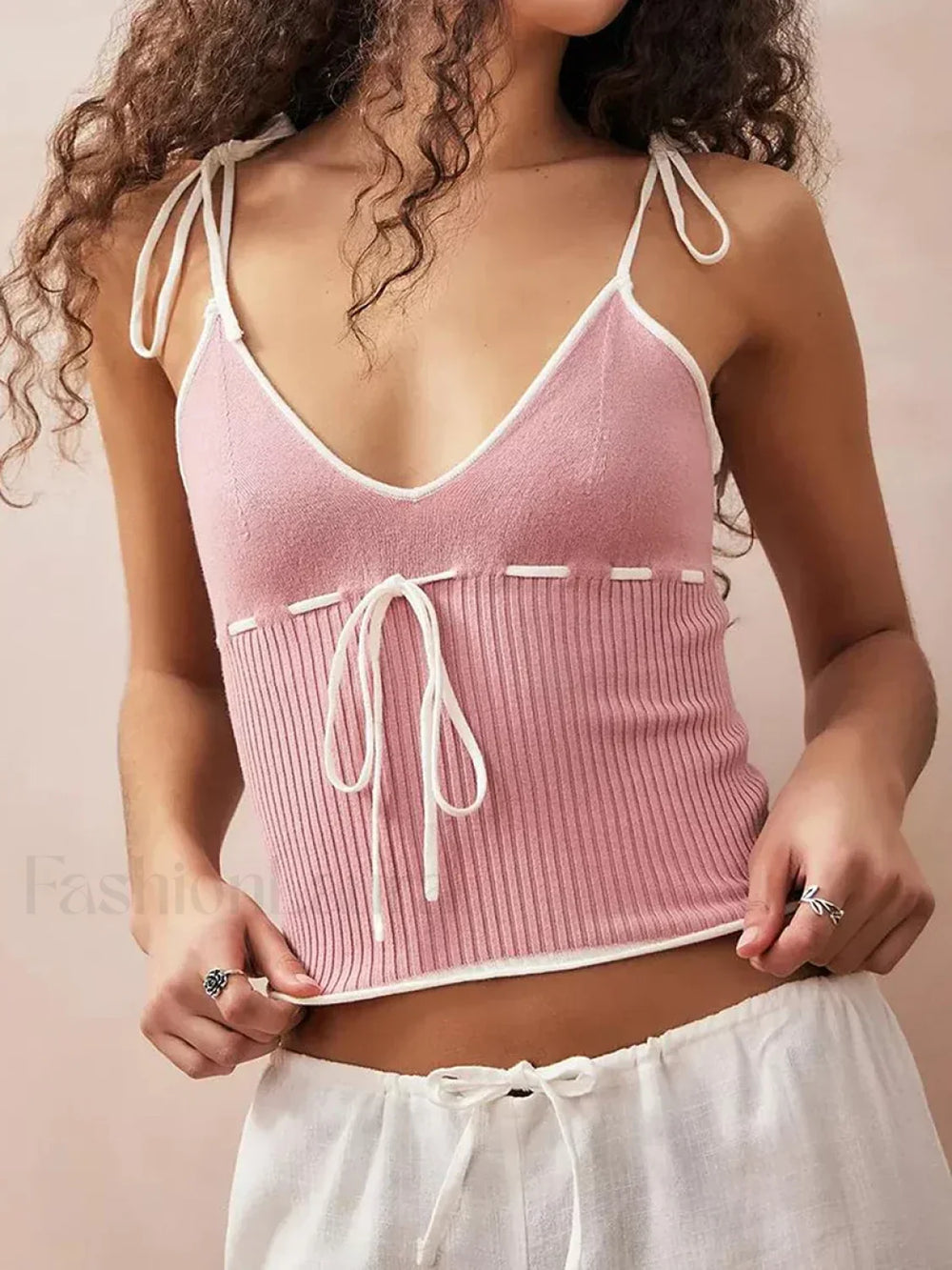 Knitted Contrast Tie Up Crop Top