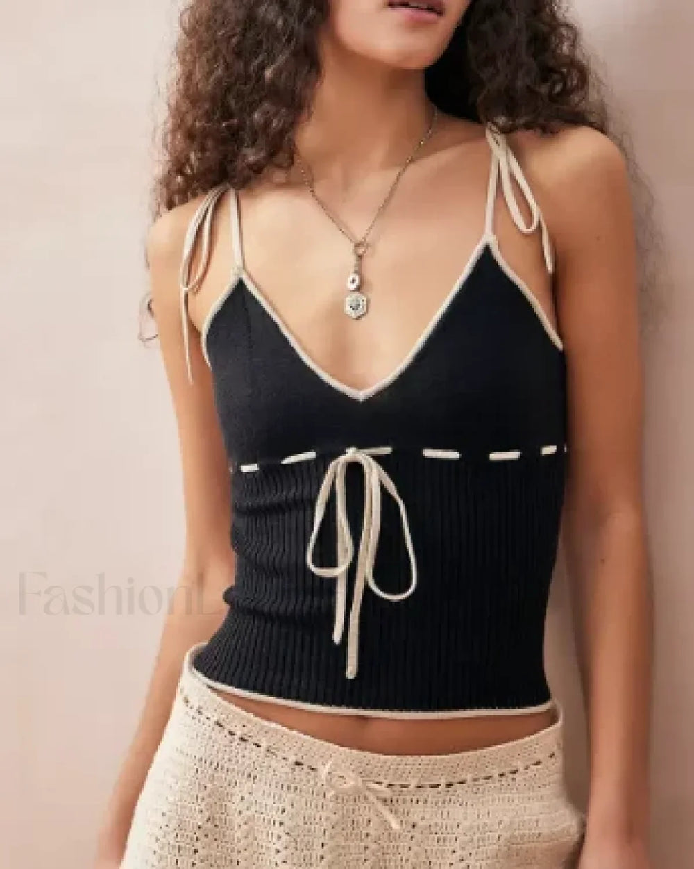 Knitted Contrast Tie Up Crop Top