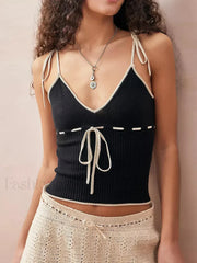 Knitted Contrast Tie Up Crop Top Black / S