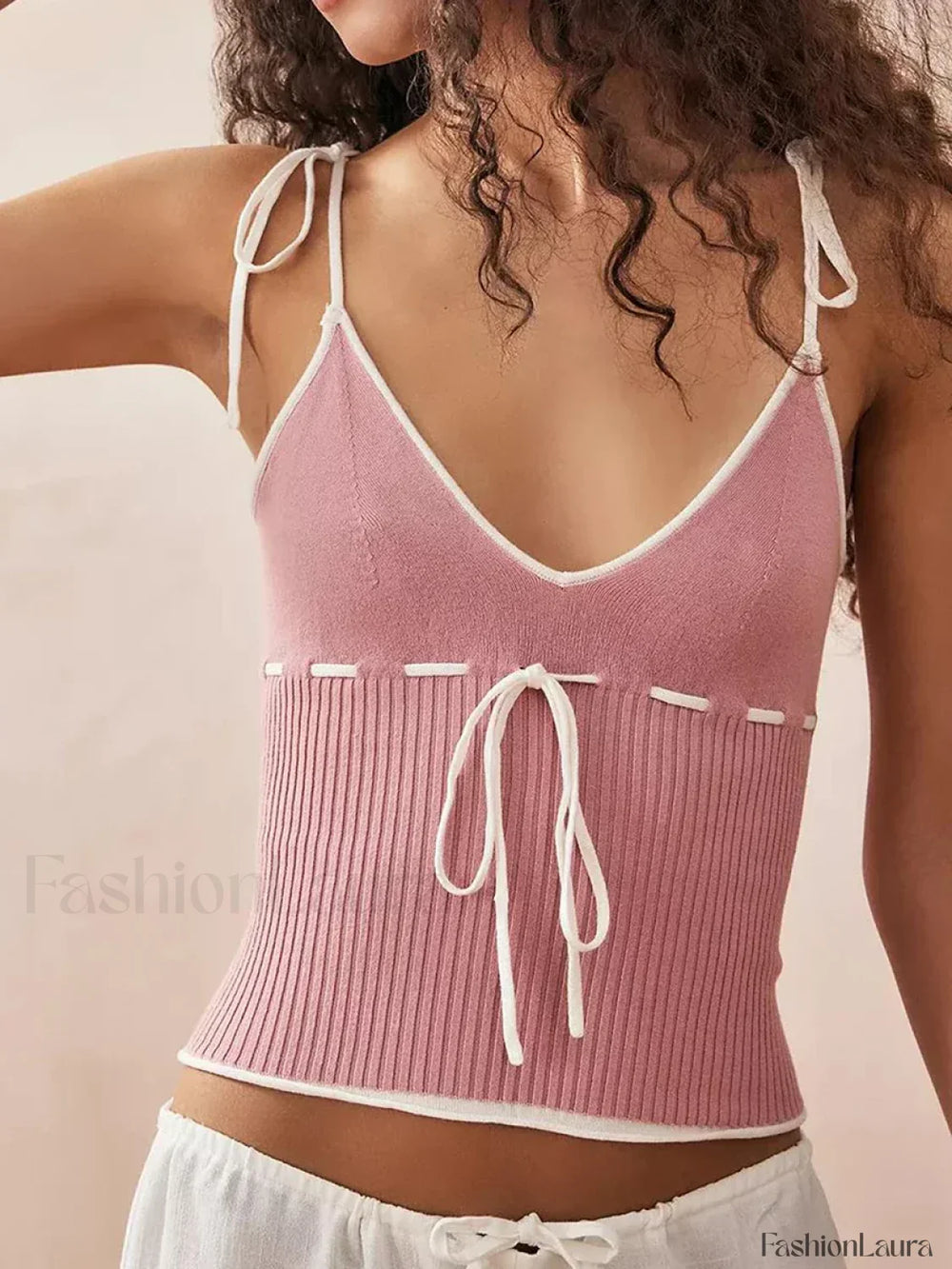 Knitted Contrast Tie Up Crop Top Pink / S