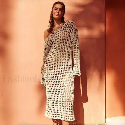 Knitted Hollow Long Dress Cover Up Beige / S