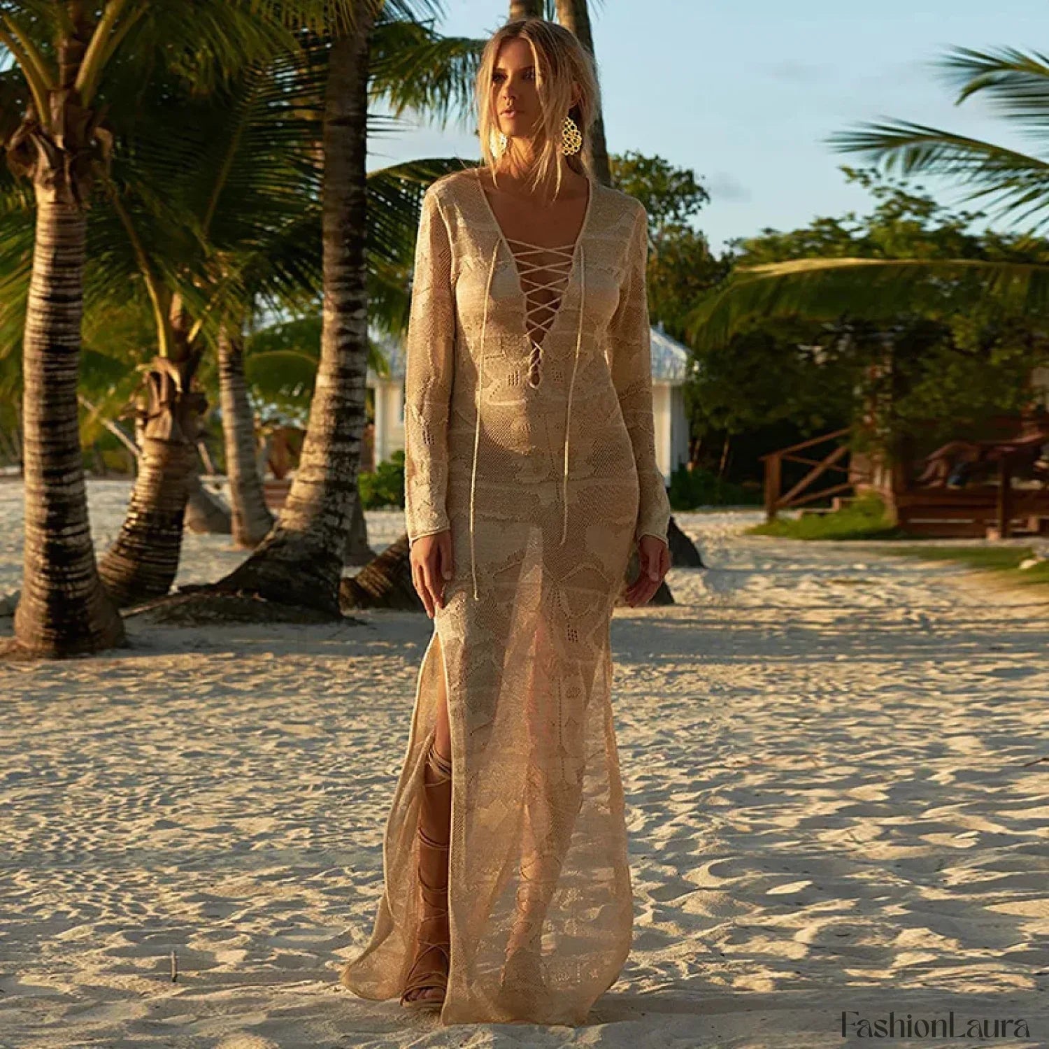 Knitted Hollow Long Dress Cover Up Khaki / One Size