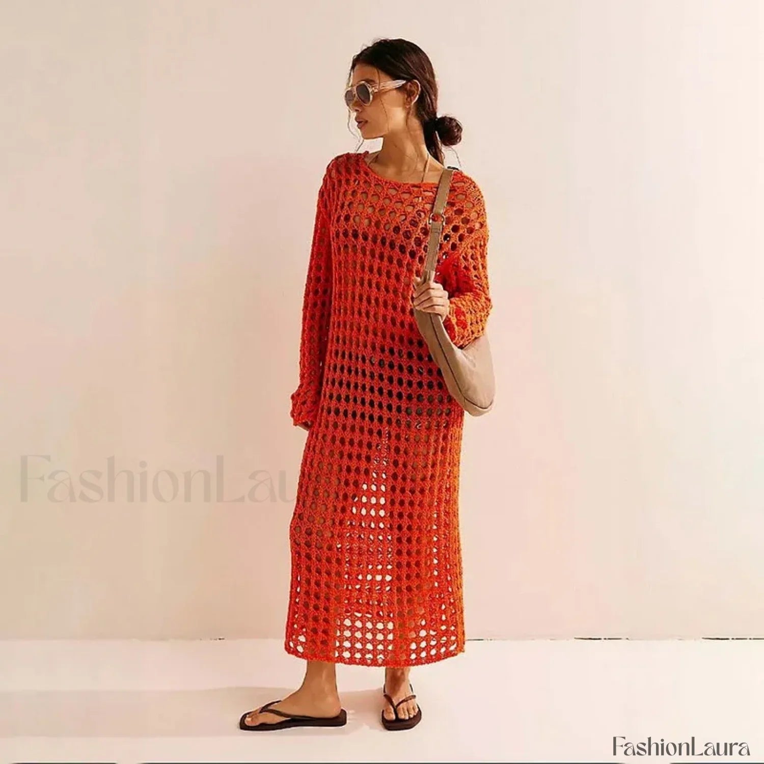Knitted Hollow Long Dress Cover Up Orange / S