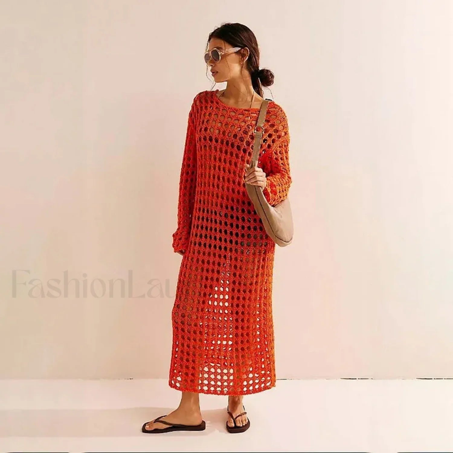 Knitted Hollow Long Dress Cover Up Orange / S