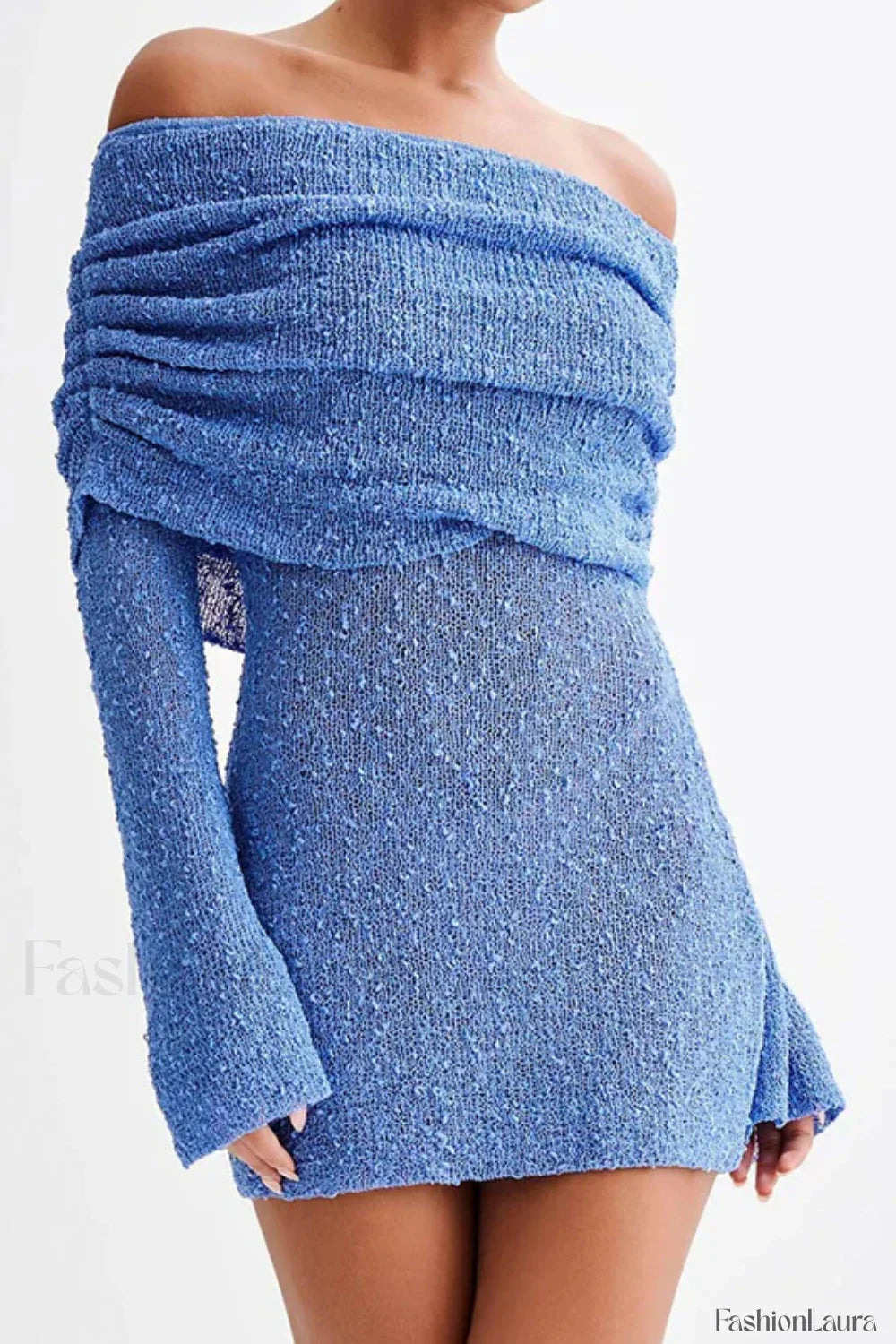 Knitted Hollow Off Shoulder Long Sleeve Mini Dress