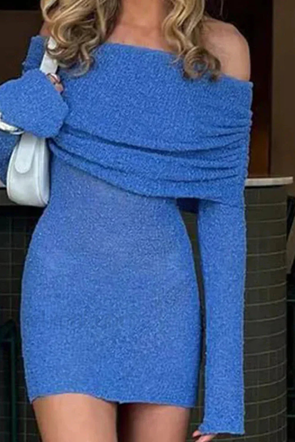 Knitted Hollow Off Shoulder Long Sleeve Mini Dress