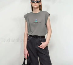 Knitted Letter Embroidered Loose T Shirt Grey / S