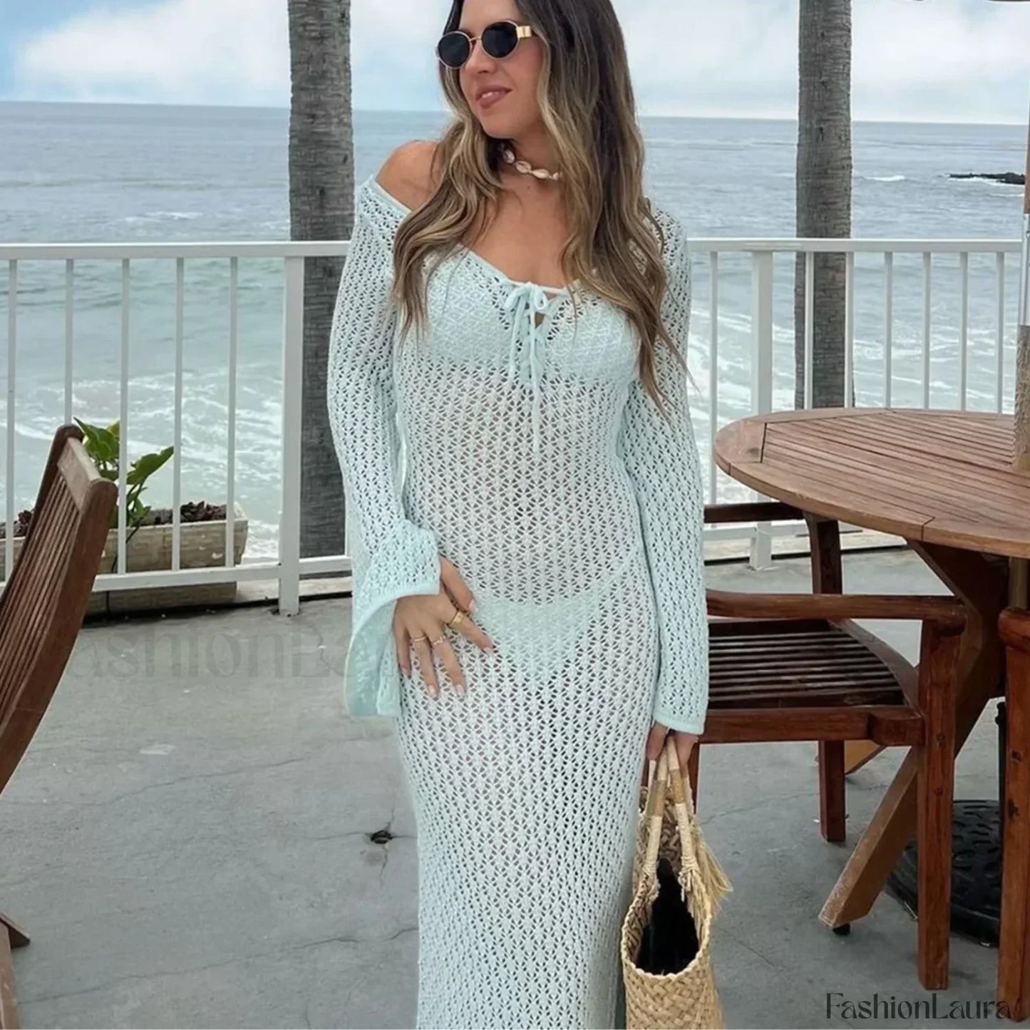 Knitted Long Sleeve V Neck Tie Up Cover Up