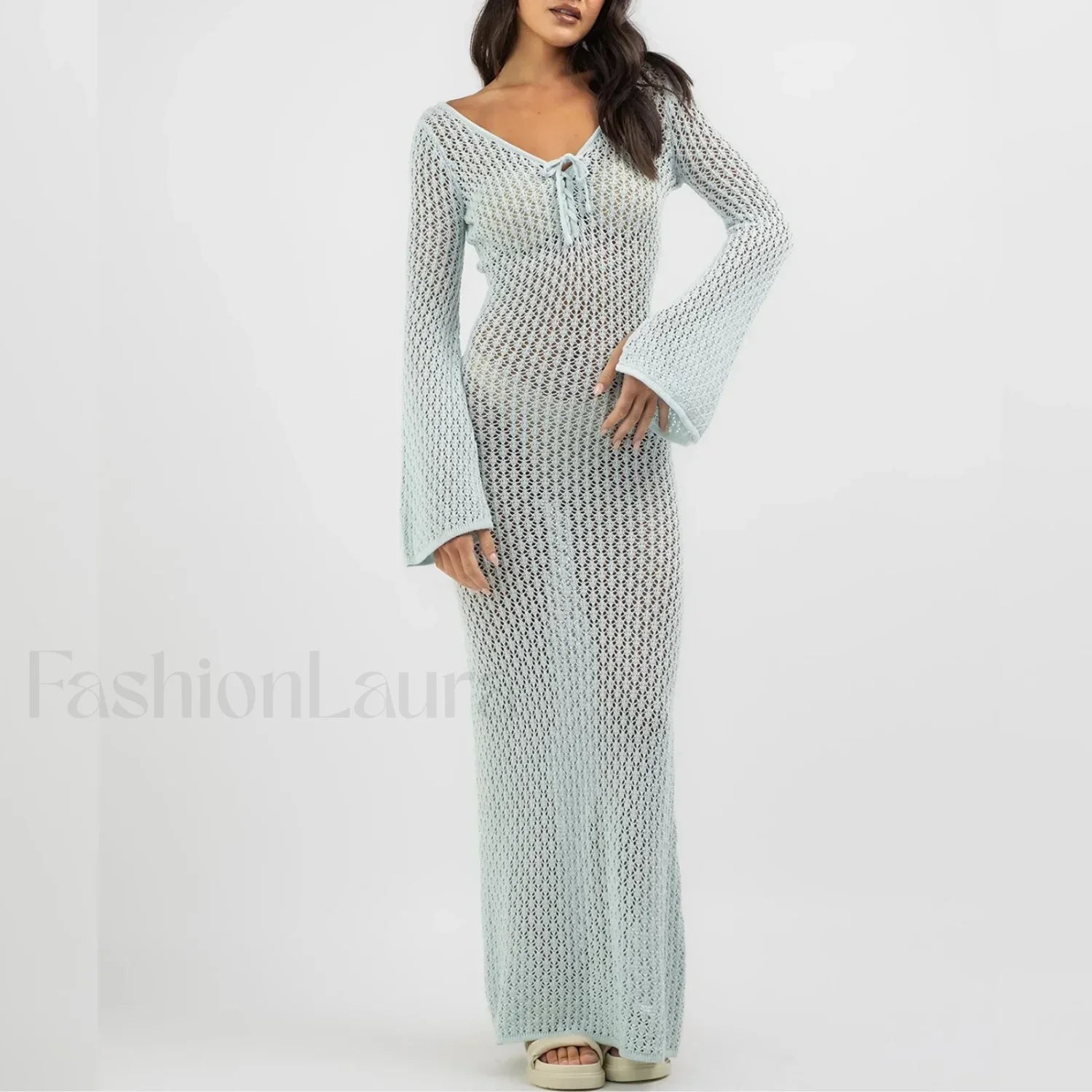 Knitted Long Sleeve V Neck Tie Up Cover Up Blue / S