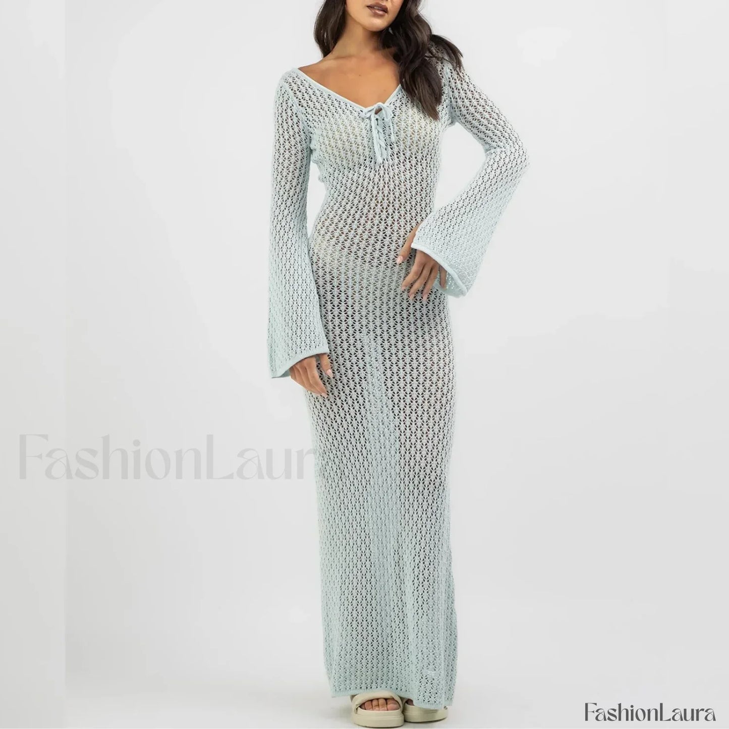 Knitted Long Sleeve V Neck Tie Up Cover Up Blue / S