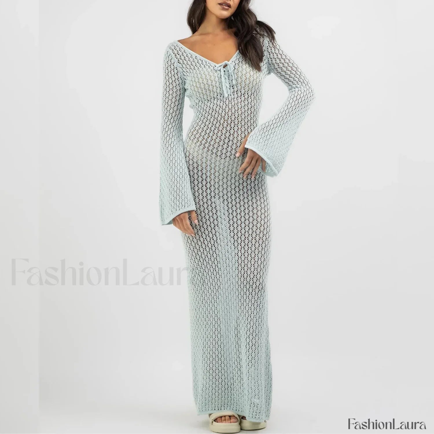 Knitted Long Sleeve V Neck Tie Up Cover Up Blue / S